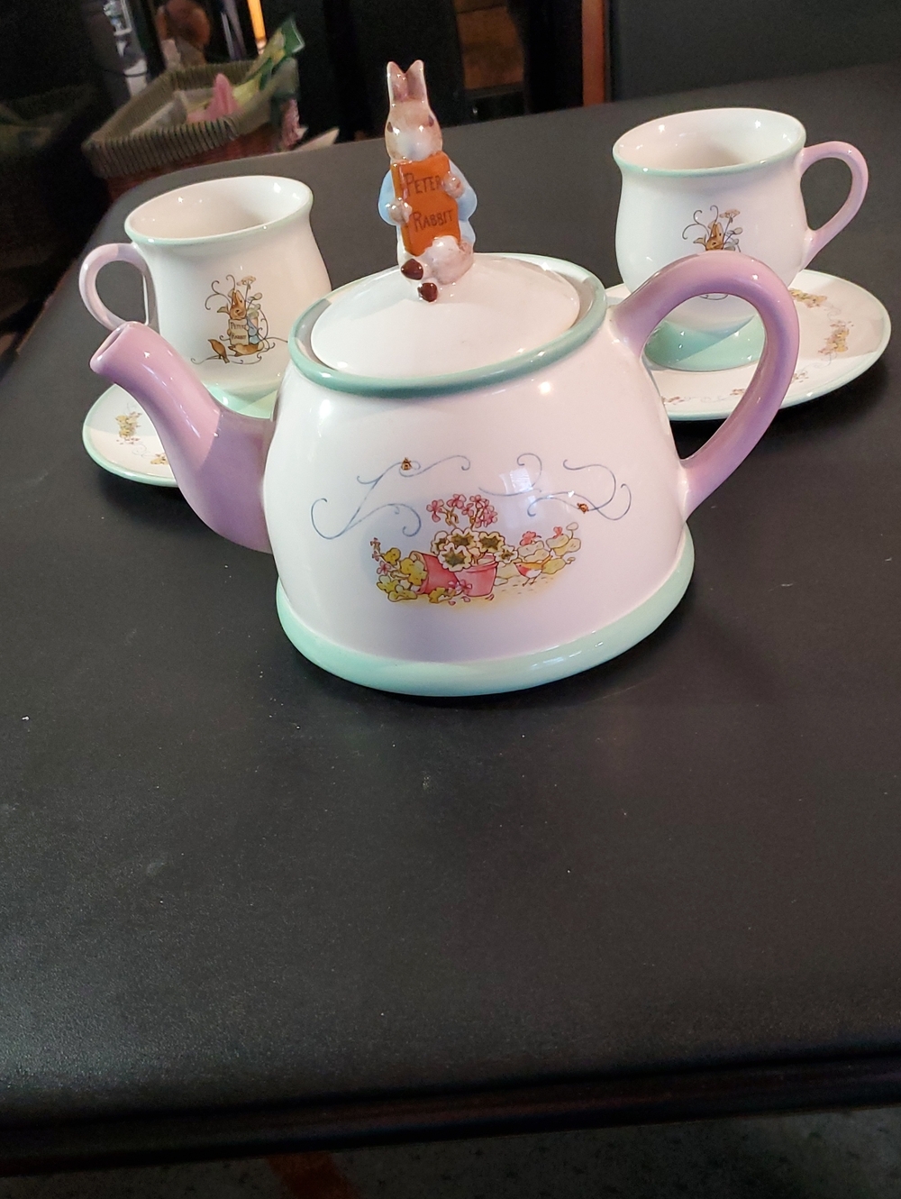 Pink Floral Porcelain Tea Set - Teapot with Two Cups & Saucers